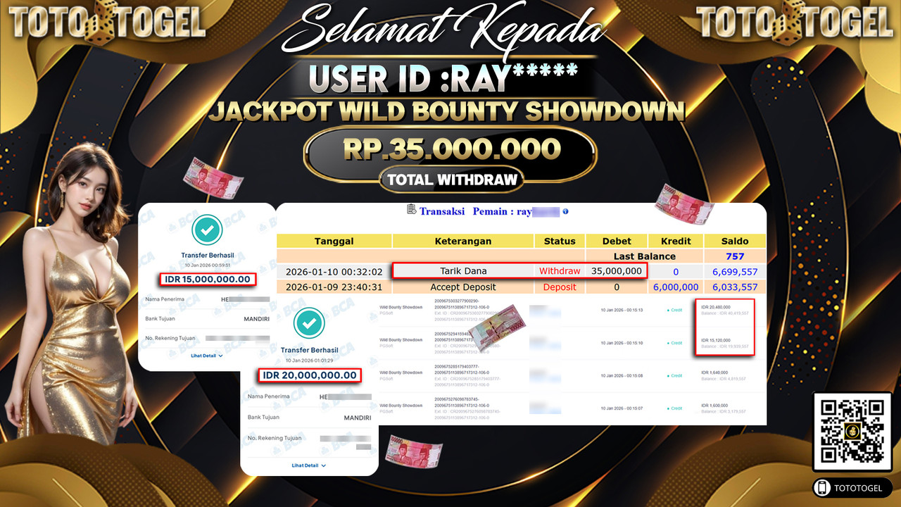 Bukti Pembayaran Jackpot Permainan Slot Wild Bounty Showdown ID:RAY**** LUNAS