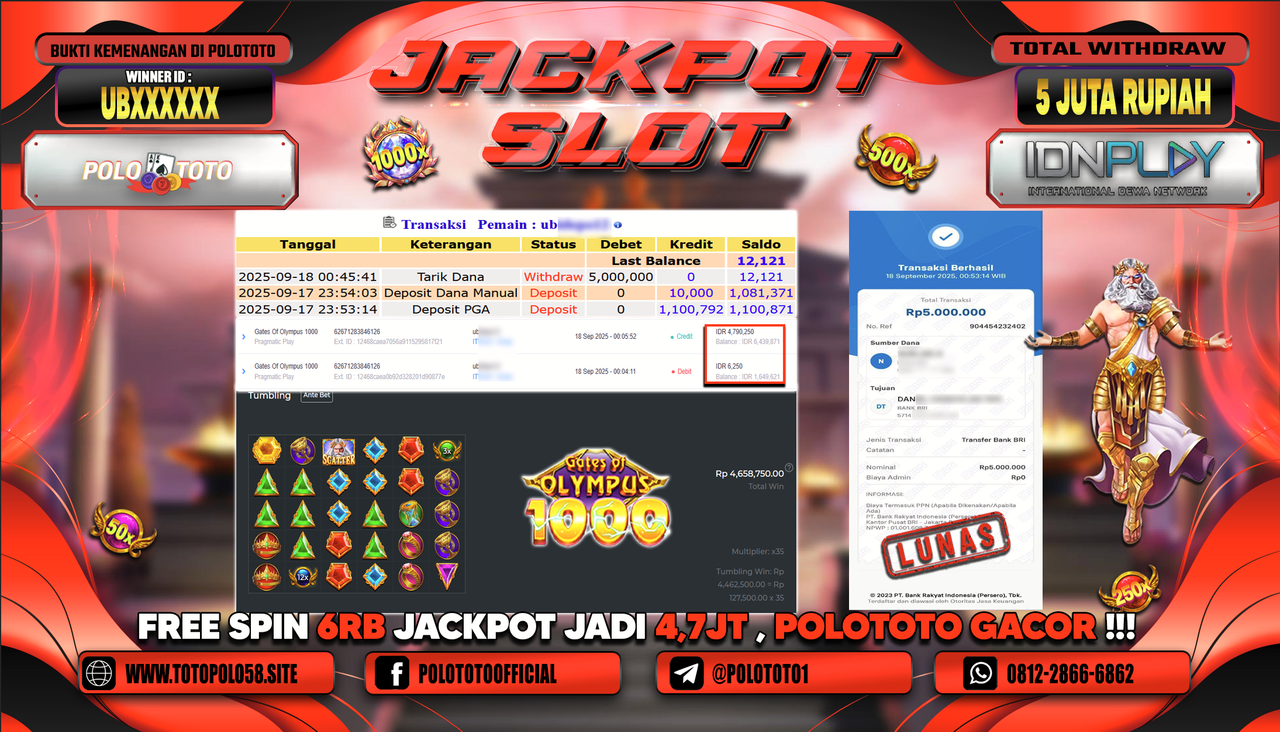 POLOTOTO JACKPOT SLOT GATES OF OLYMPUS 1000 Rp.5.000.000,-