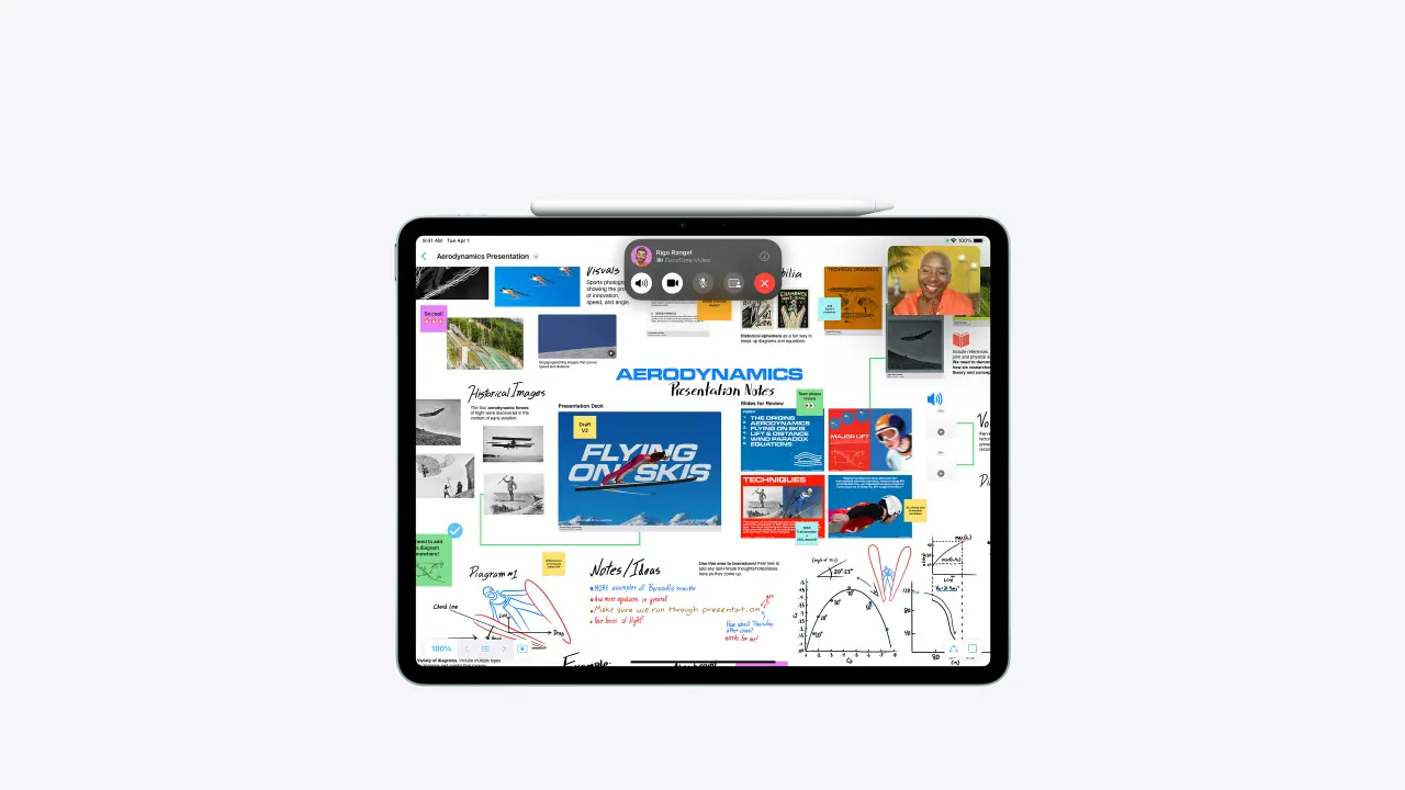 El iPad Air conectado a un Apple Pencil Pro y un Magic Keyboard, mostrando su versatilidad.