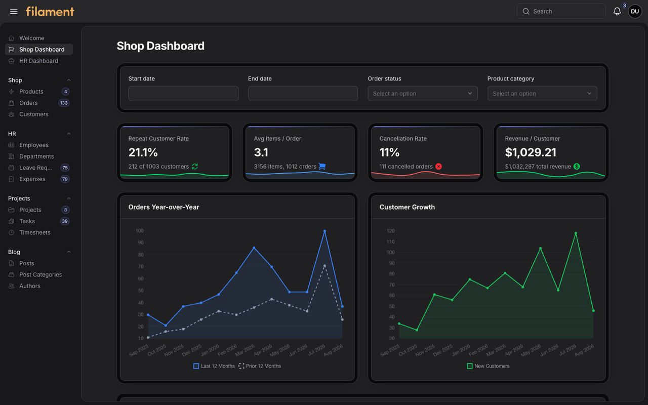 Stature Theme Shop dashboard in dark mode