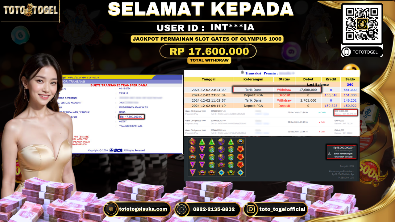 Bukti Pembayaran Jackpot Permainan Slot Gates Of Olympus 1000 ID: INT***IA LUNAS 