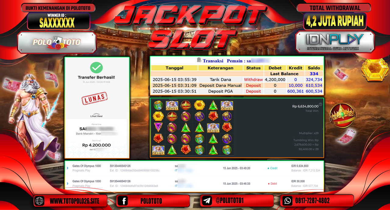 POLOTOTO JACKPOT SLOT GATES OF OLYMPUS 1000 Rp.4.200.000,-