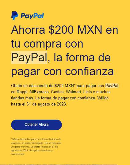PayPal: Descuento de $200 (Cuentas seleccionadas) 
