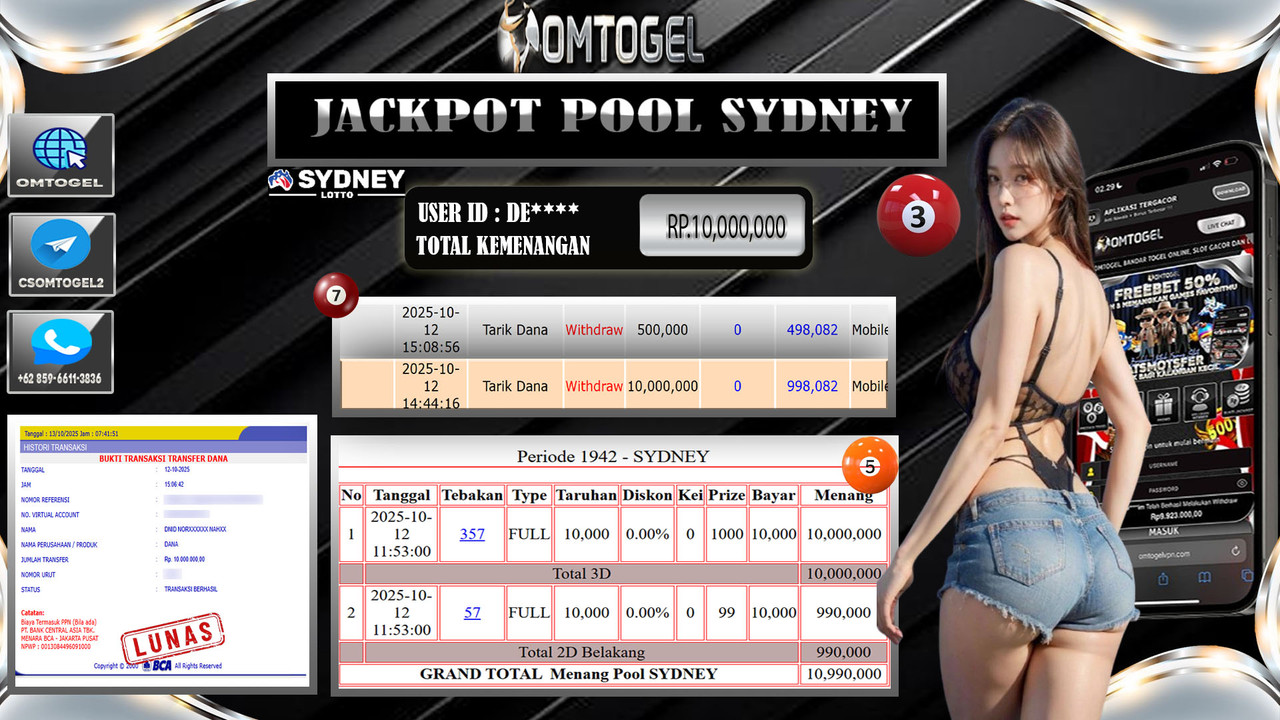 OMTOGEL JACKPOT SYDNEY 3D 2D 10 JUTA DI BAYAR LUNAS ,-