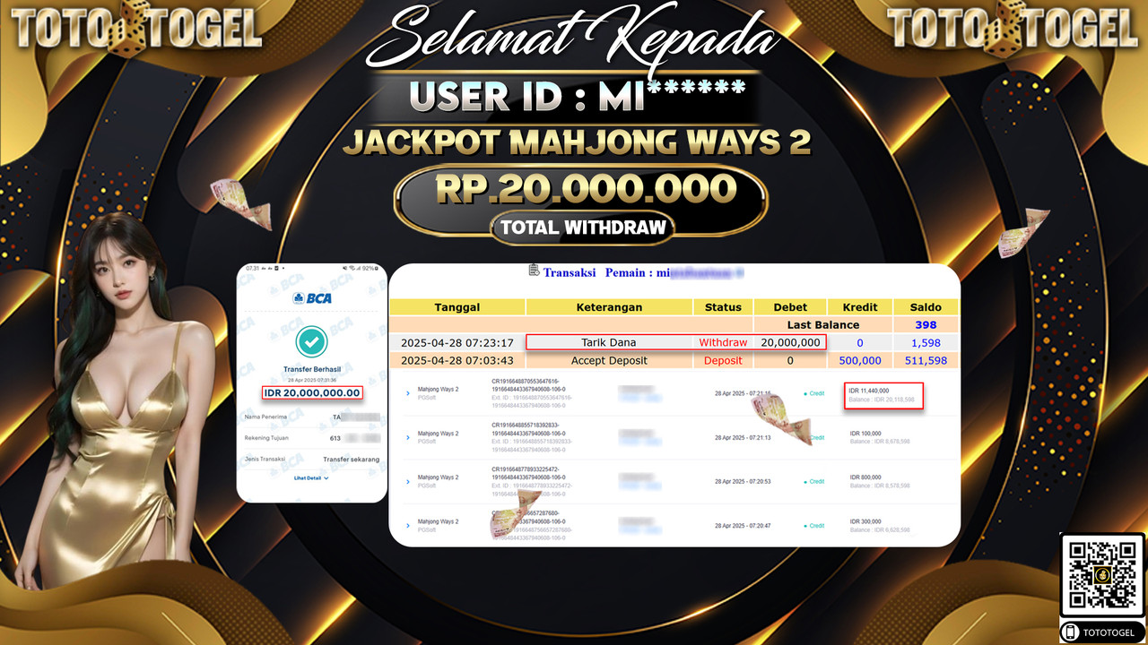 Bukti Pembayaran Jackpot  Permainan Slot Mahjong Ways 2 ID:MI***** LUNAS