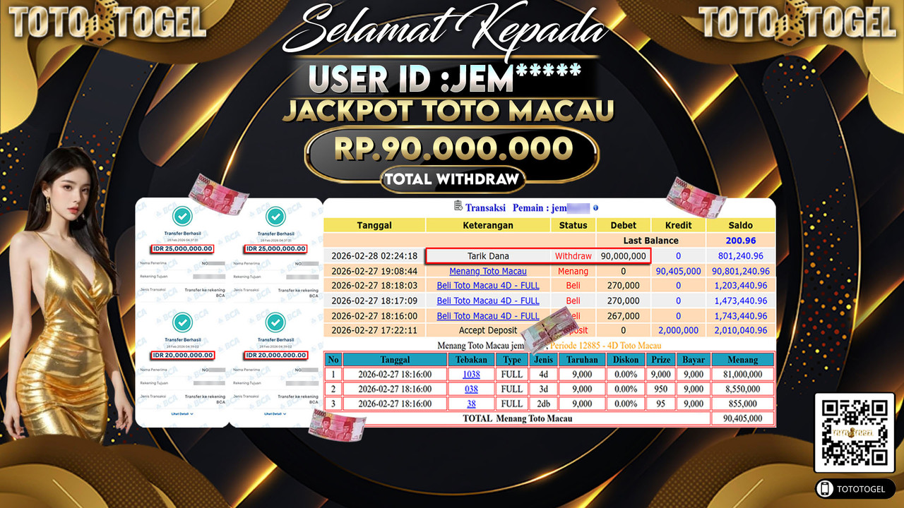 Bukti Pembayaran Jackpot Permainan Togel Toto Macau ID:JEM*****LUNAS