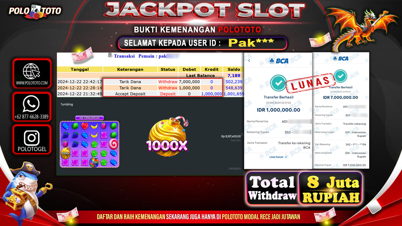 POLOTOTO JACKPOT SLOT SWEET BONANZA 1000 Rp.8,000.000,-