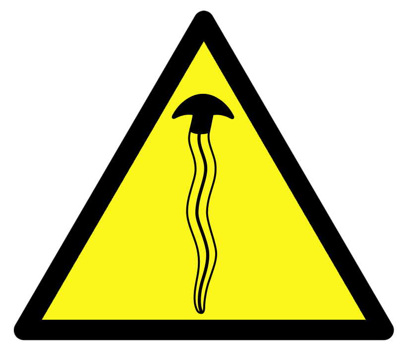Hazard sign with a stylised hammerhead worm on it