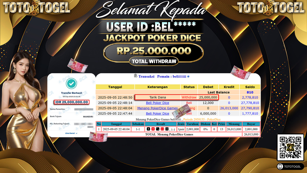 Bukti Pembayaran Jackpot Permainan Live Game Poker Dice ID:BEL***** LUNAS
