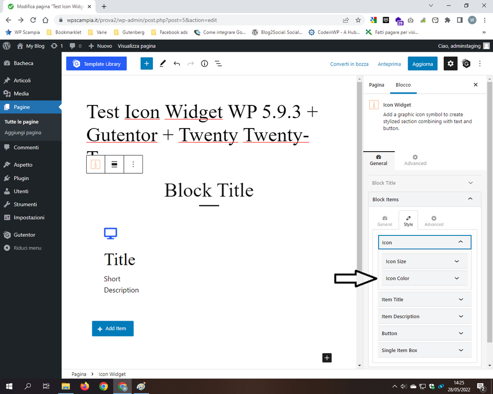 2.Test Icon Widget WP 5.9.3   Gutentor   Twenty Twenty-Two - Icon Color