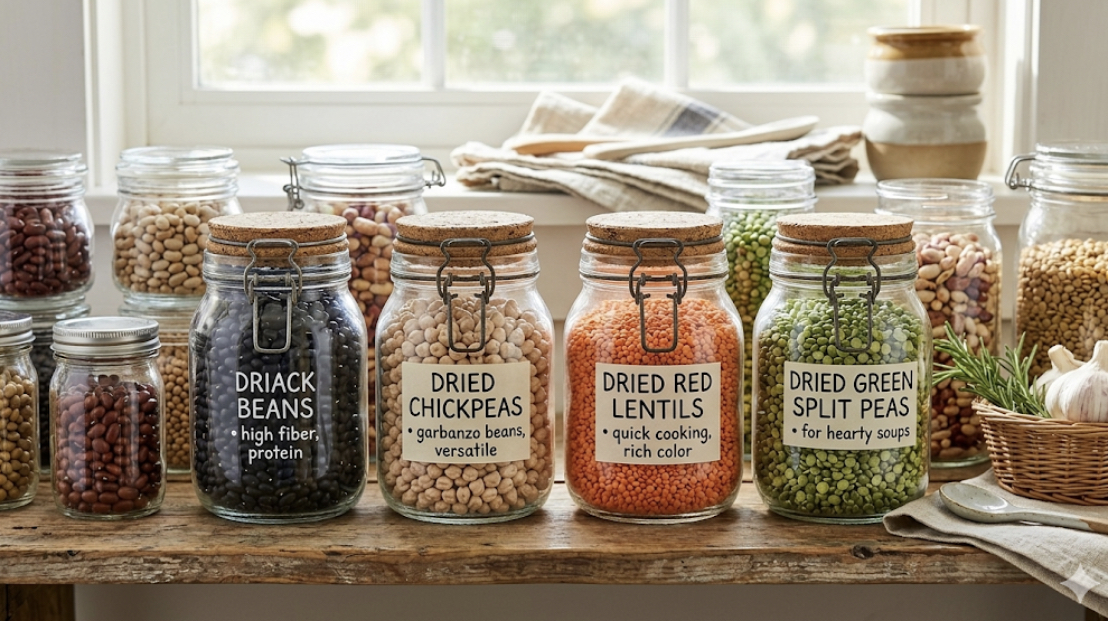 Colorful array of different beans and lentils including black beans chickpeas red lentils and split peas in glass jars for storage