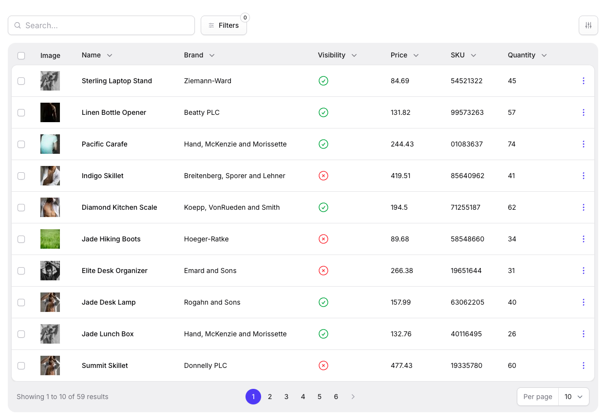 Stature Theme product table overview in light mode