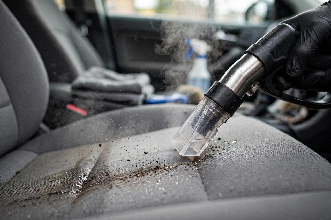 Steam cleaning a car interior during a full auto detail