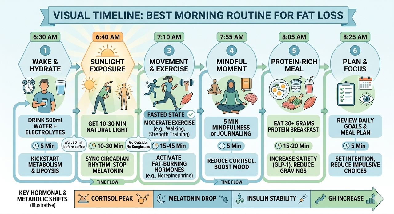 Visual timeline of best morning routine for fat loss showing hydration sunlight movement and protein meal steps in sequence