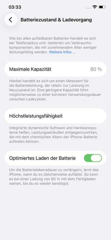 Screenshot der maximalen Batteriekapazität