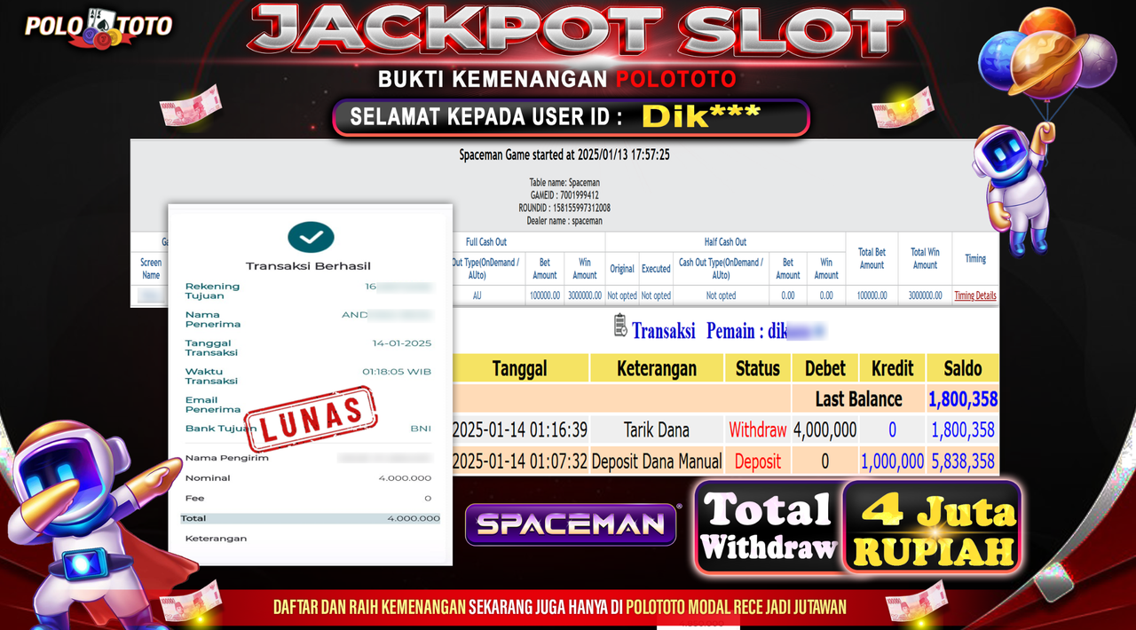 POLOTOTO JACKPOT SLOT SPACEMAN Rp.4,000.000,-