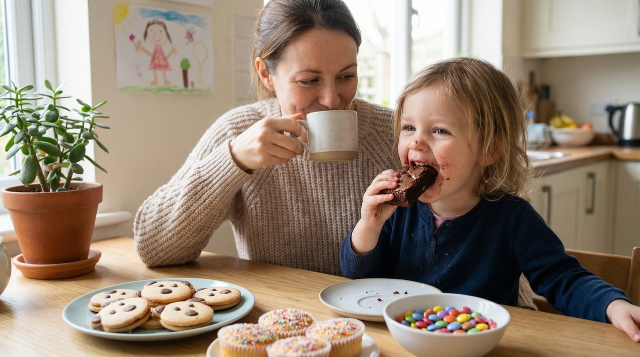 Madre mirando tranquila mientras el niño come feliz