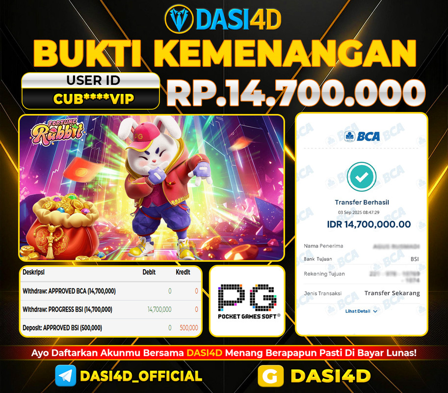 BUKTI KEMENANGAN 03 SEPTEMBER  2025 DI FORTUNE RABBIT  RP 14.700.000
