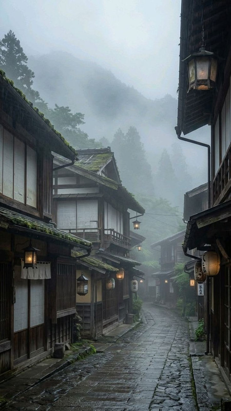 Ruelle de village japonais traditionnelle, Miyasaki, embrumé avec une montagne à l'arrière plan