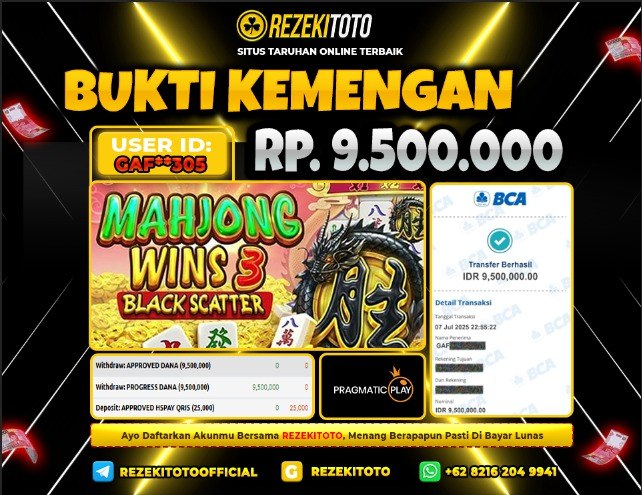 BUKTI KEMENANGAN 07 JULI 2025 MAHJONG WINS 3 9 JUTA 