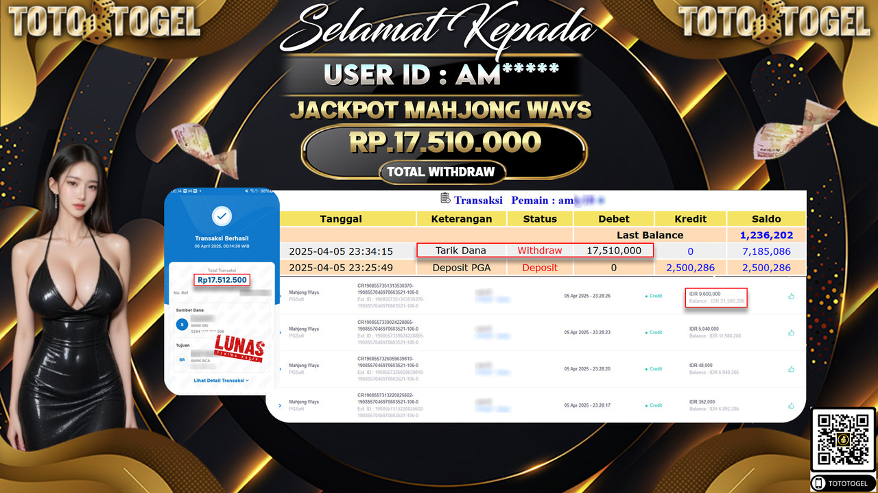 Bukti Pembayaran Jackpot  Permainan Slot Mahjong Ways ID:AM***** LUNAS
