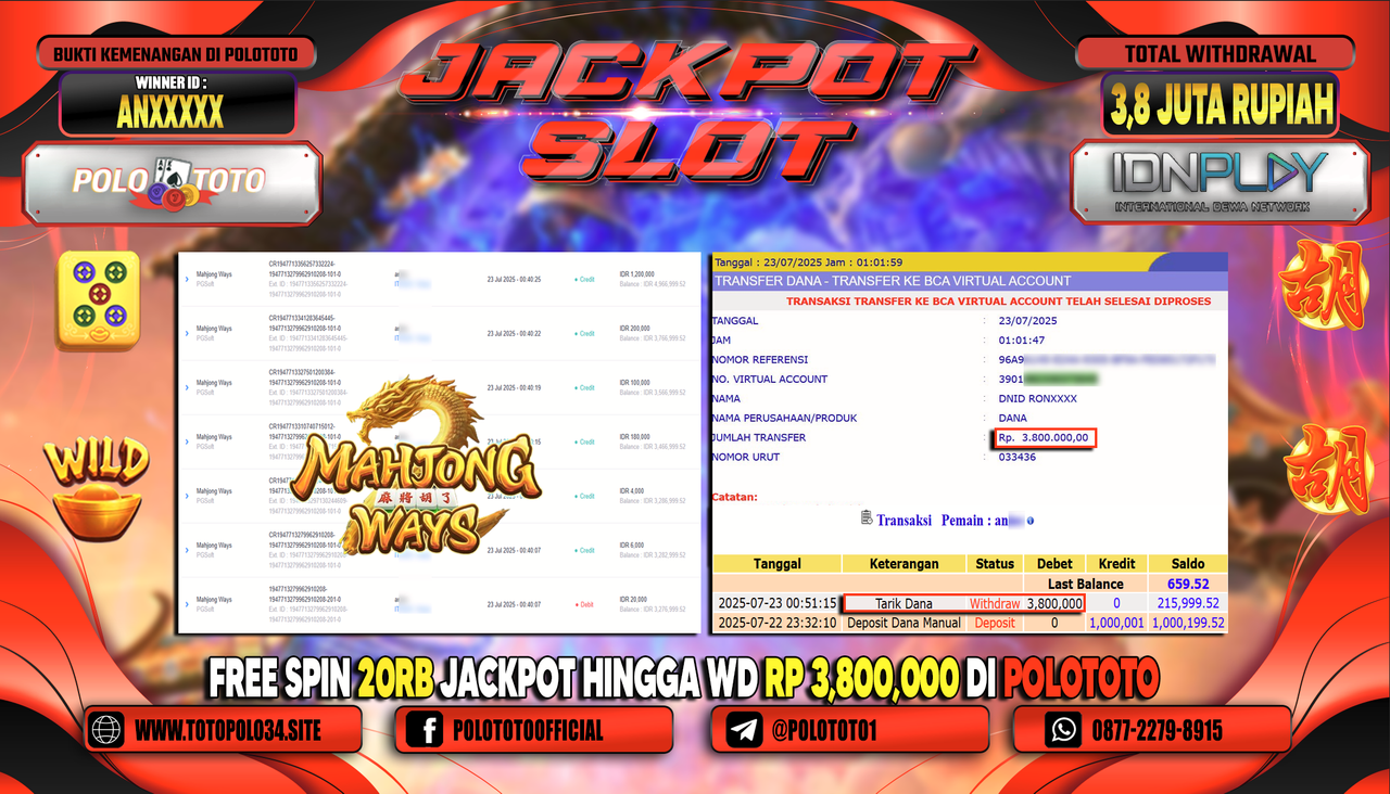 POLOTOTO JACKPOT SLOT MAHJONG WAYS Rp.3.800.000,- LUNAS