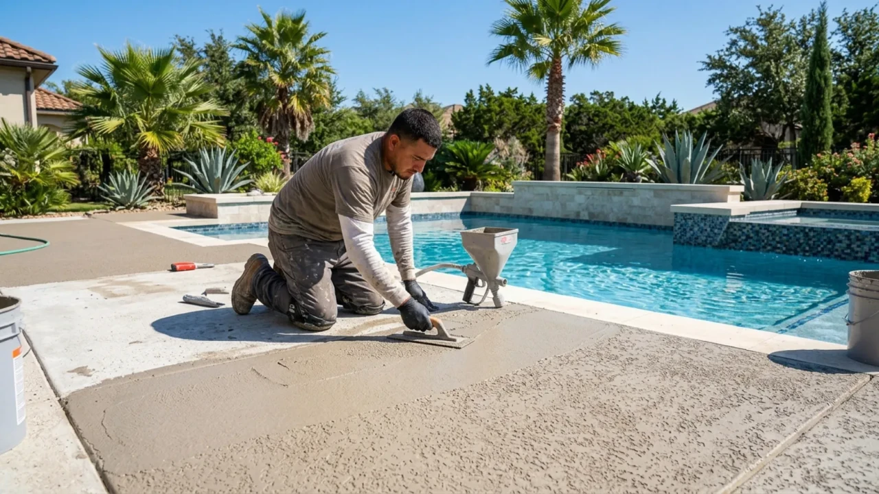 Pool deck resurfacing overlay application San Antonio