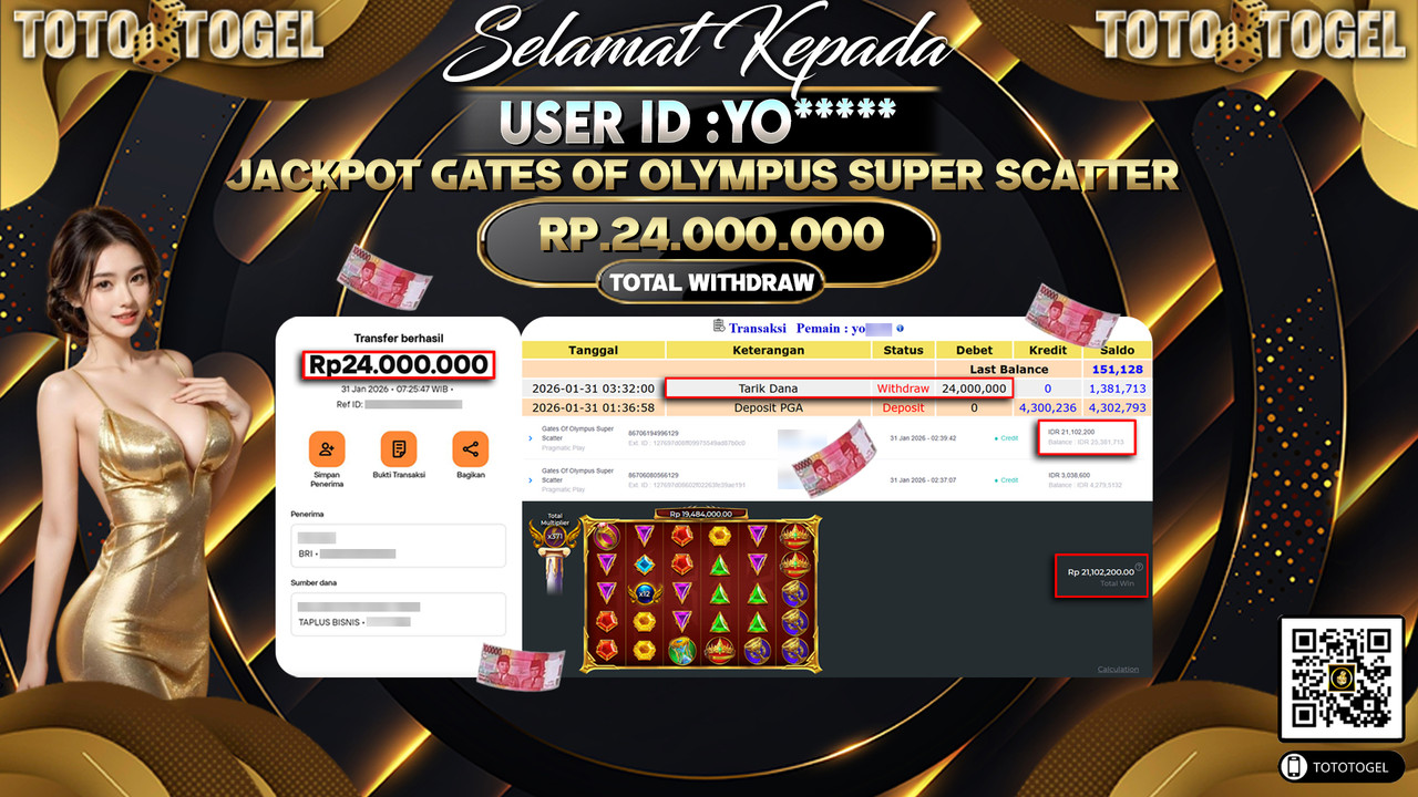 Bukti Pembayaran Jackpot Permainan Slot Gates Of Olympus Super Scatter ID:YO*****LUNAS