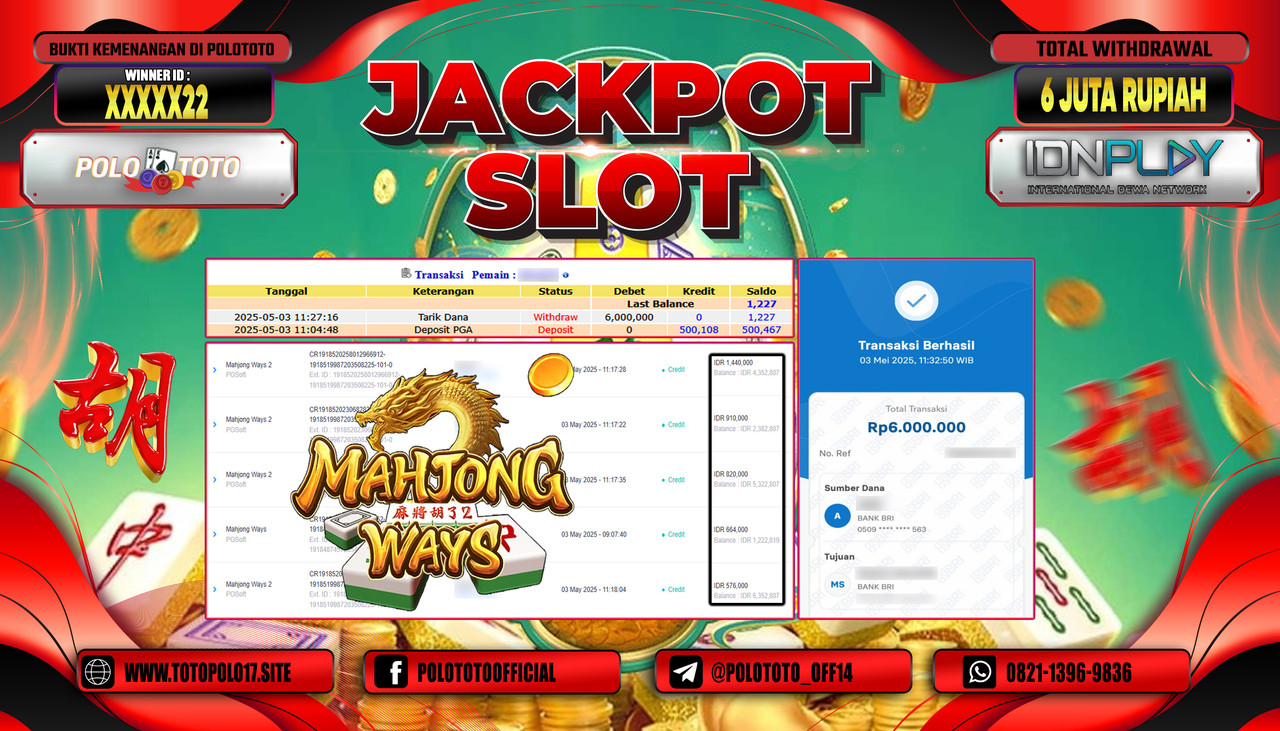 POLOTOTO JACKPOT SLOT MAHJONG WAYS 2 Rp.6.000.000,-
