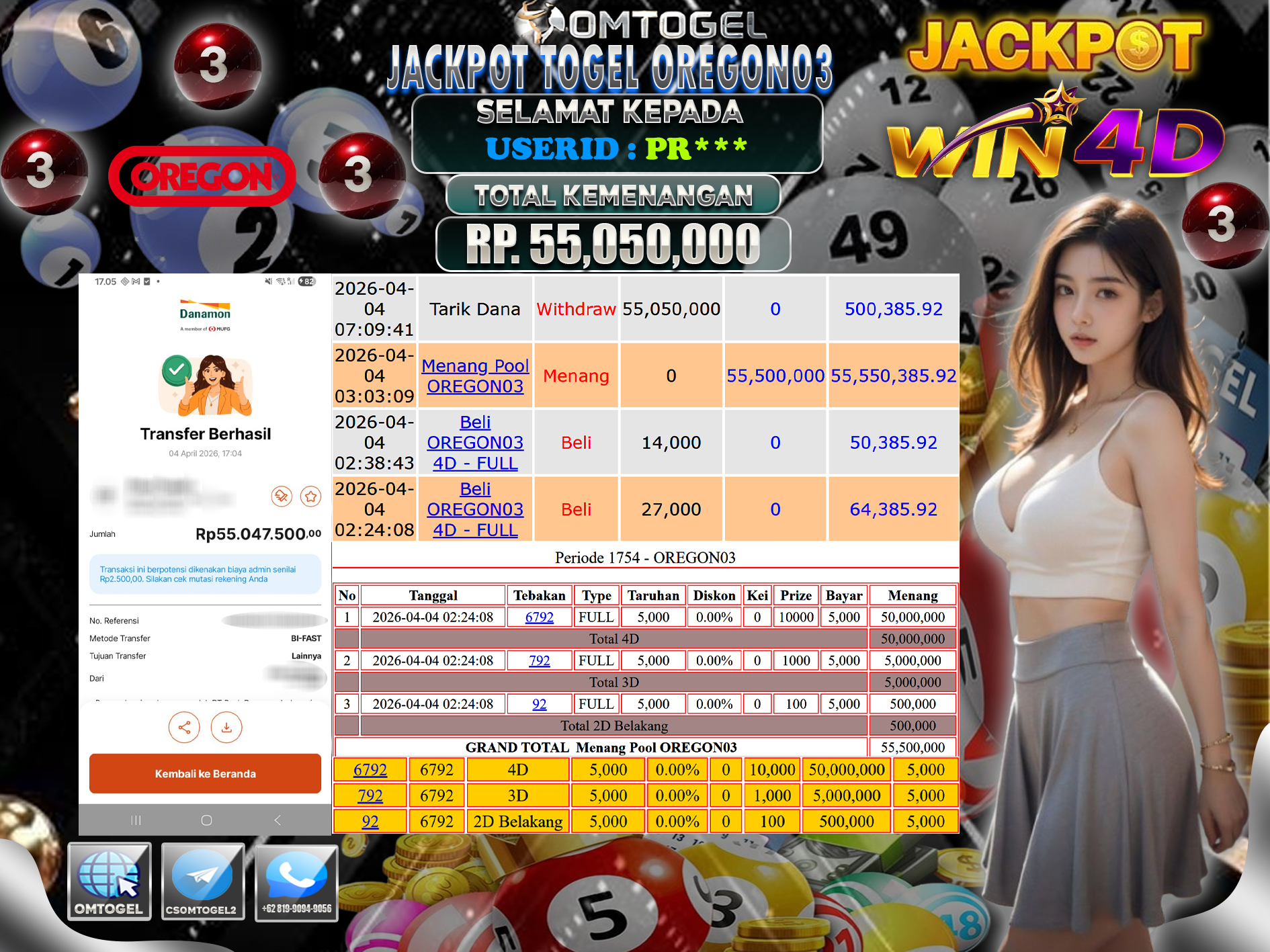 OMTOGEL JACKPOT TOGEL OREGON03 4D 3D 2D , 55 JUTA DI BAYAR LUNAS ,-