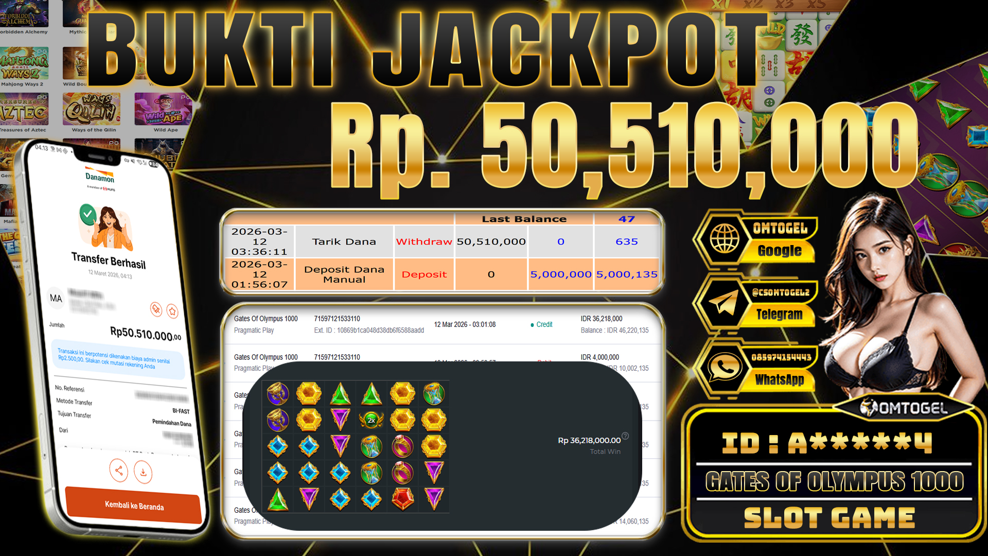 OMTOGEL JACKPOT PRAGMATIC PLAY GATES OF OLYMPUS 1000, 50 JUTA DI BAYAR LUNAS ,-