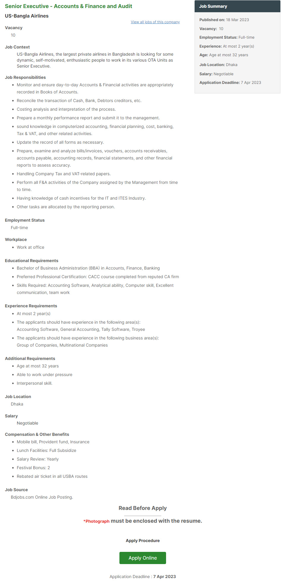 US-Bangla Airlines Job Circular 2023
