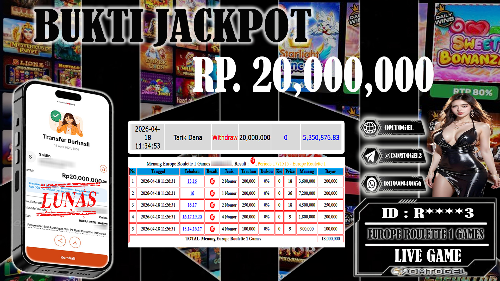 OMTOGEL JACKPOT LIVE GAMES EUROPE ROULETTE 1 GAMES ,20 JUTA DI BAYAR LUNAS ,-