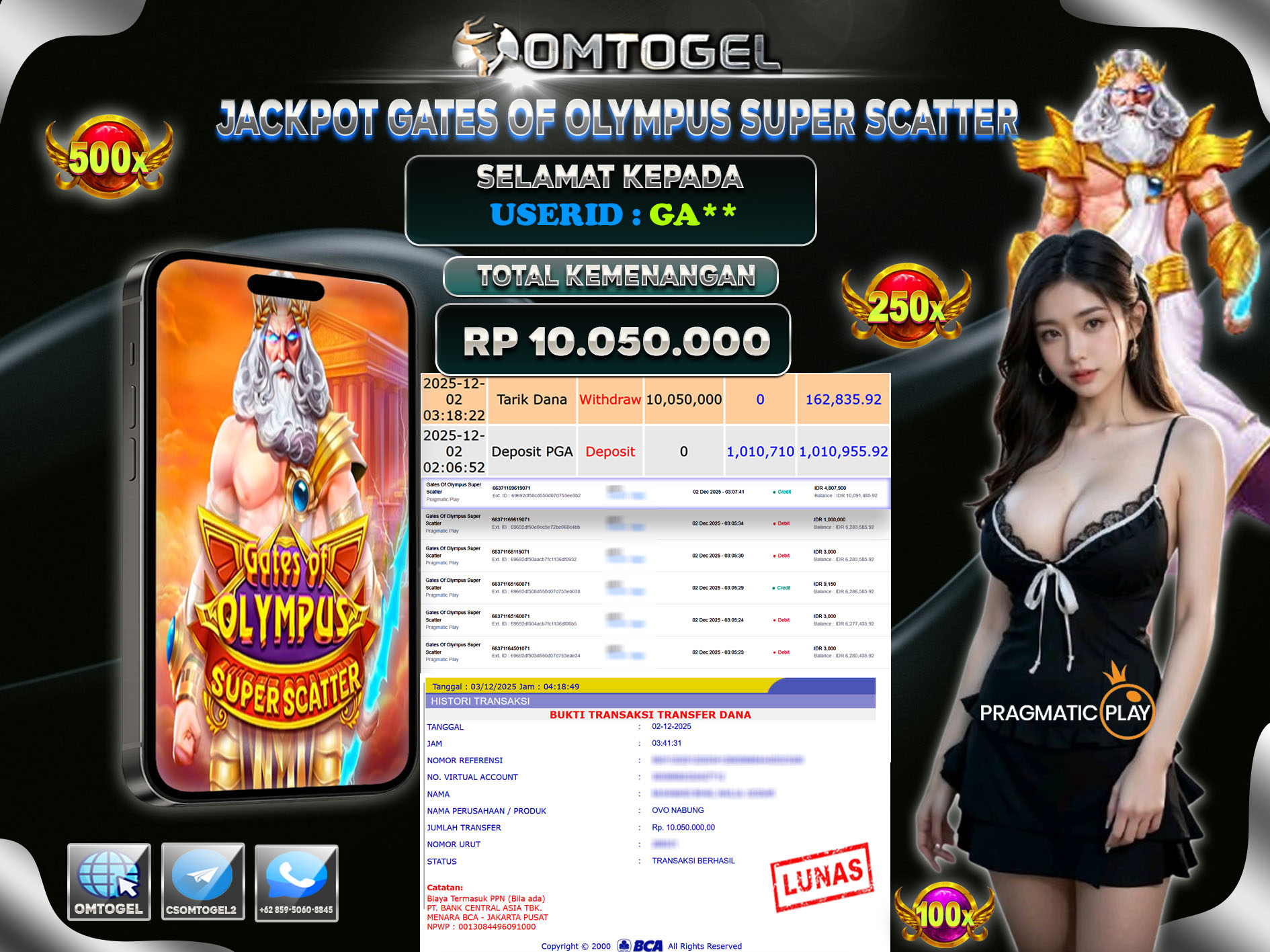 OMTOGEL JACKPOT PRAGMATIC PLAY GATES OF OLYMPUS SUPER SCATTER , 10 JUTA DI BAYAR LUNAS ,-