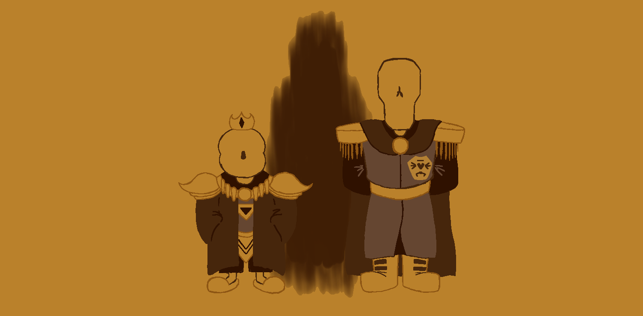 Sans and Papyrus standing parallel to each other with a hazy, daunting silhouette dividing them.