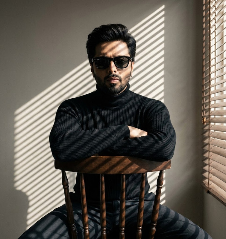 AI-generated example result for the creative-images prompt: Chiaroscuro Venetian Blinds Shadow Portrait by Prompt Craft