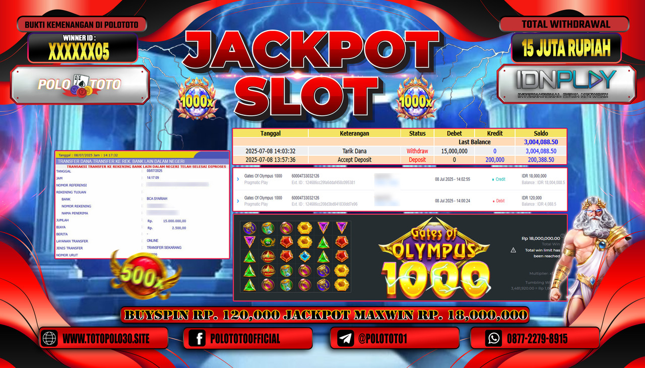 POLOTOTO JACKPOT SLOT GATES OF OLYMPUS 1000 Rp.15.000.000,- LUNAS