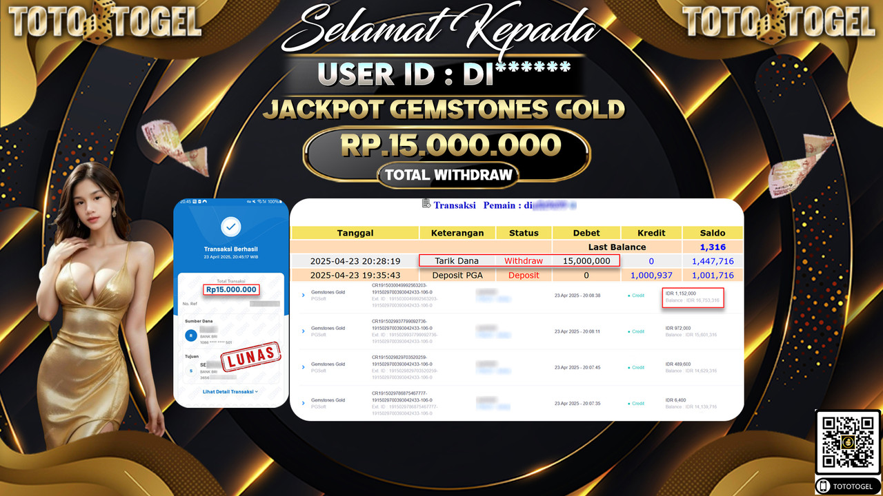 Bukti Pembayaran Jackpot  Permainan Slot Gemstones Gold ID:DI***** LUNAS
