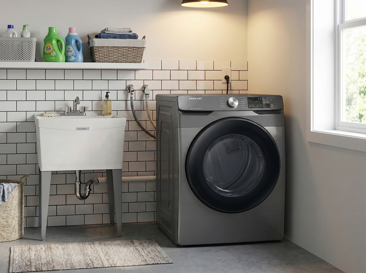 Secadora a gas de carga frontal Samsung de 24 kg en color gris oscuro con panel digital