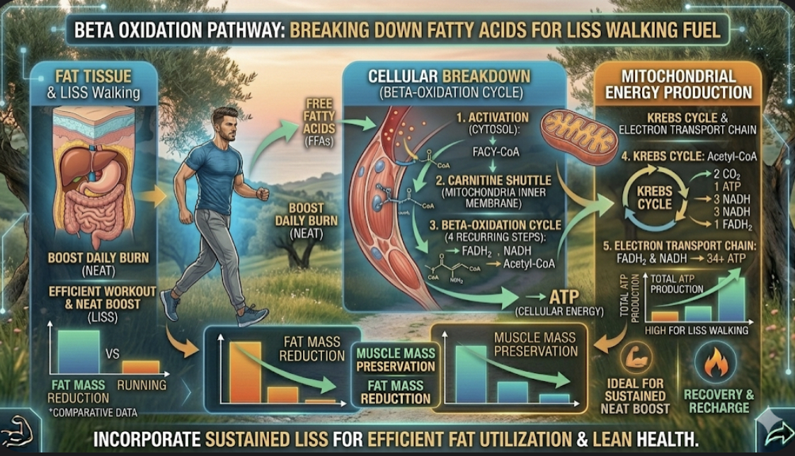 Diagram showing beta oxidation pathway - how fatty acids are broken down for fuel during low intensity walking and exercise
