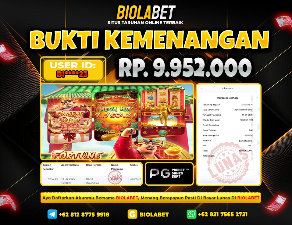 BIOLABET JACKPOT PG-SOFT FORTUNE OX Rp.9.952.000.,- LUNAS