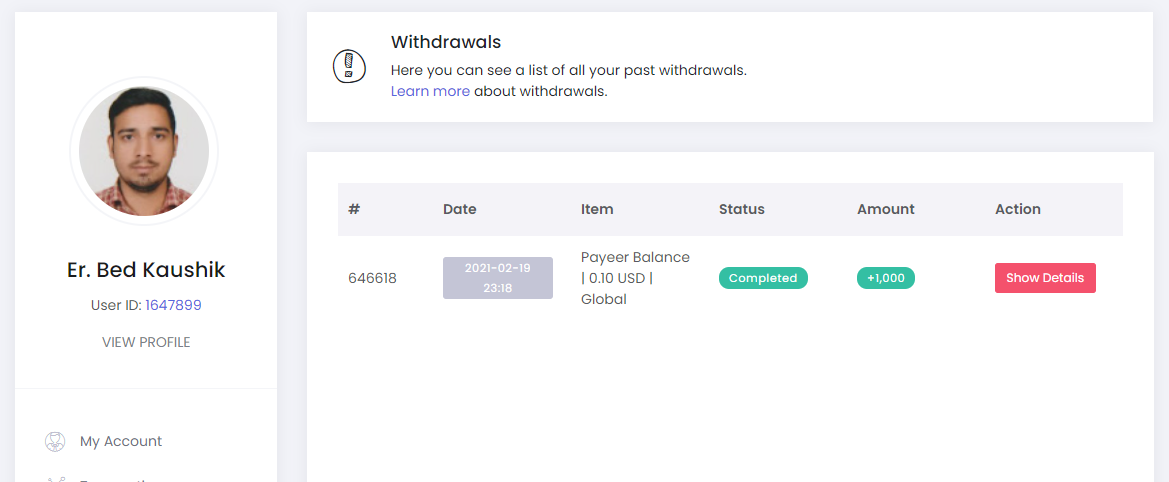 Idle Empire Withdrawals history