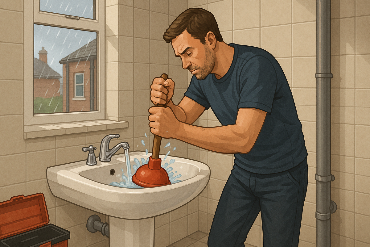 Man unclogging sink with plunger