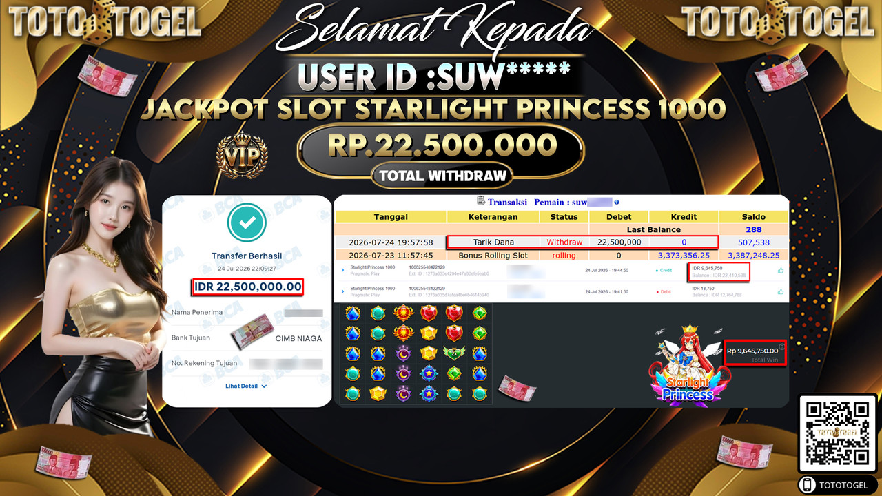 Bukti Pembayaran Jackpot SLOT STARLIGHT PRINCESS 1000 ID:SUW****LUNAS