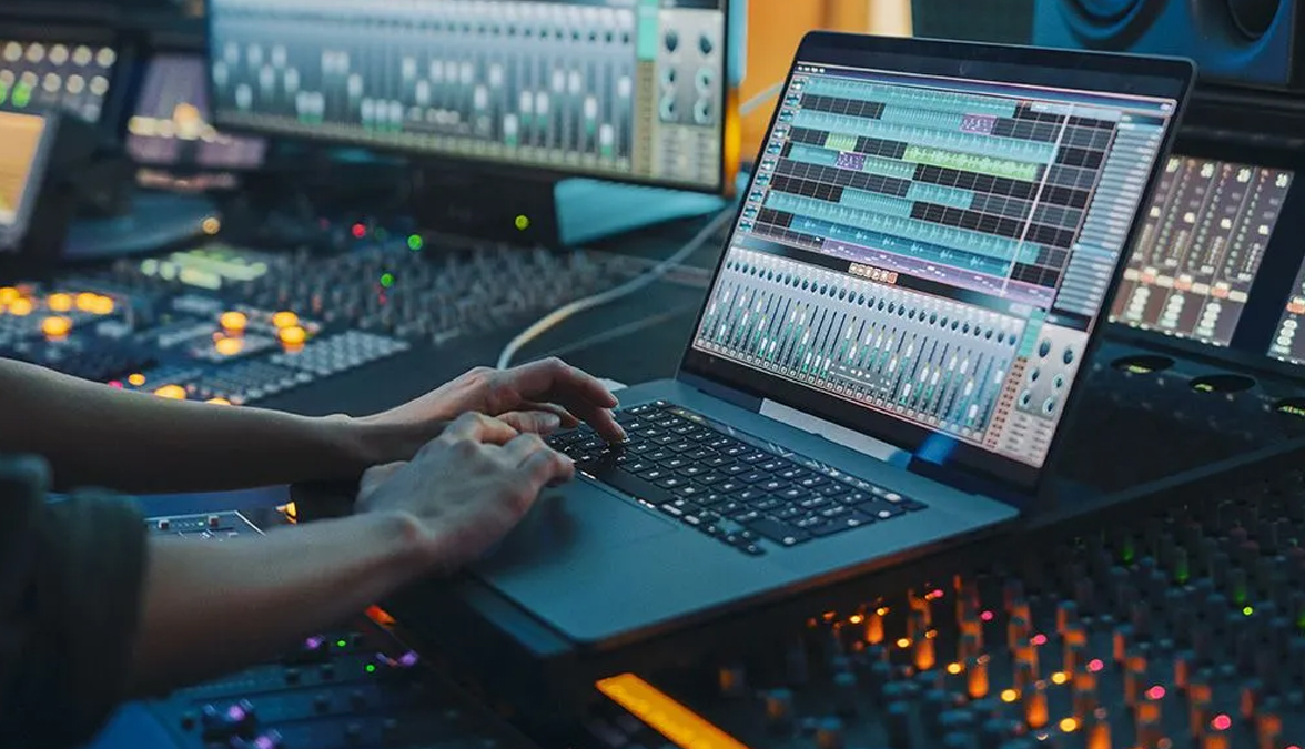 Audio production studio mixing desk