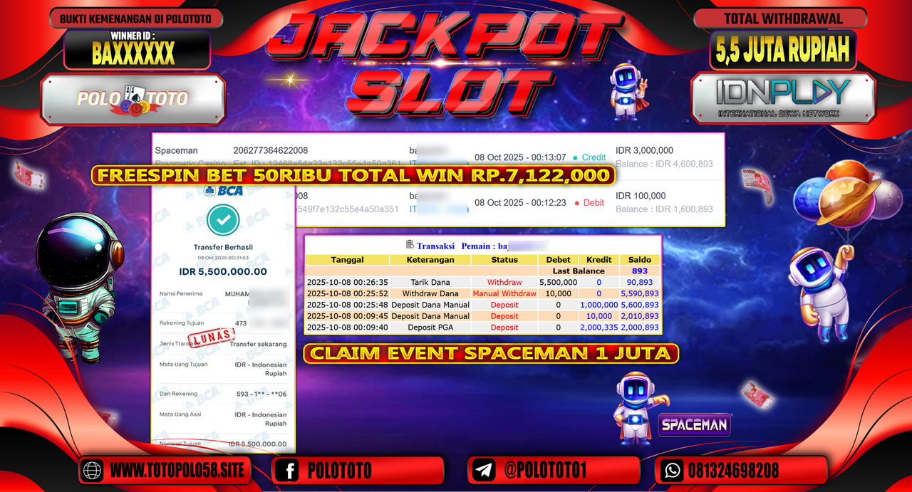 POLOTOTO JACKPOT SLOT SPACEMAN Rp.5.500.000,- LUNAS