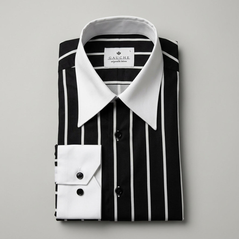 Classic black dress shirt with hidden button placket on dark background