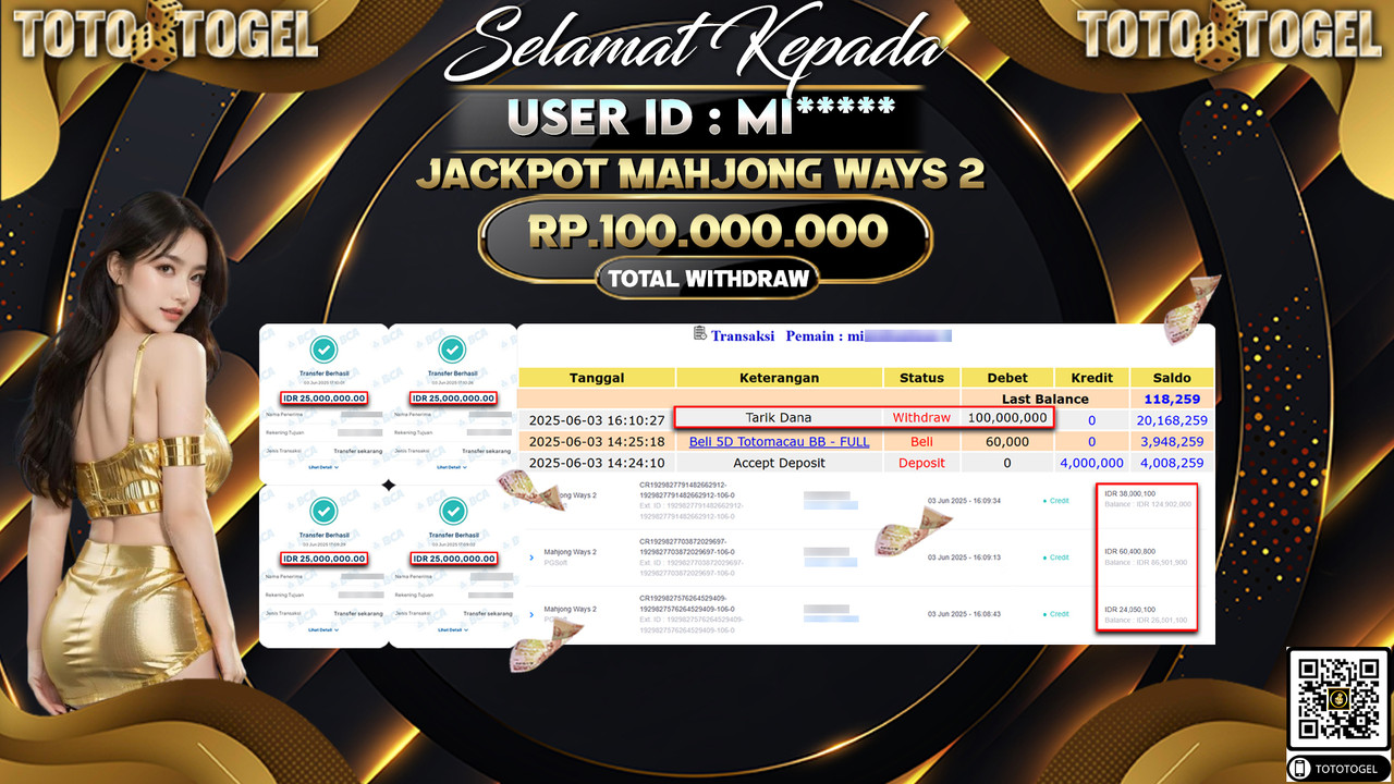 Bukti Pembayaran Jackpot Permainan Slot Mahjong Ways 2 ID:MI***** LUNAS