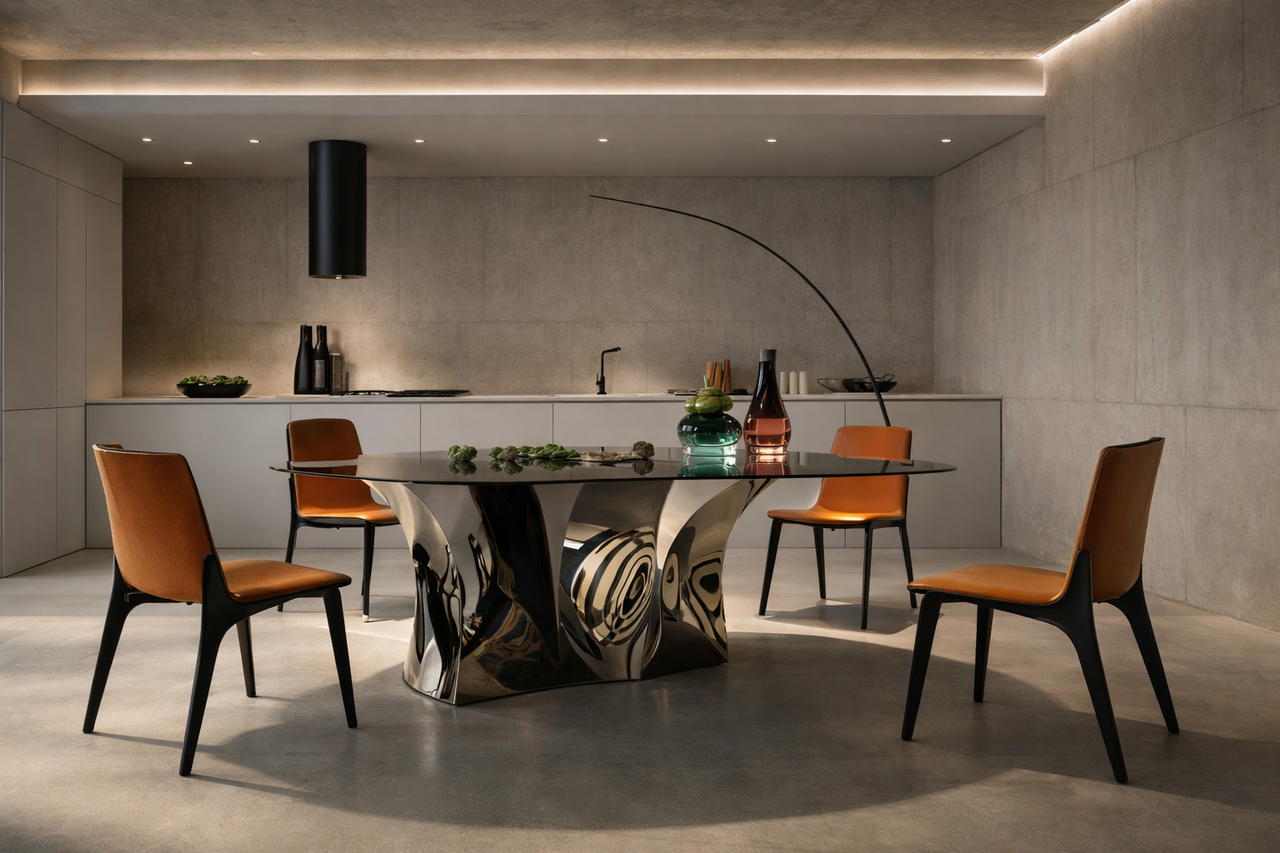 Dining area featuring a sculptural metal table and accent chairs.