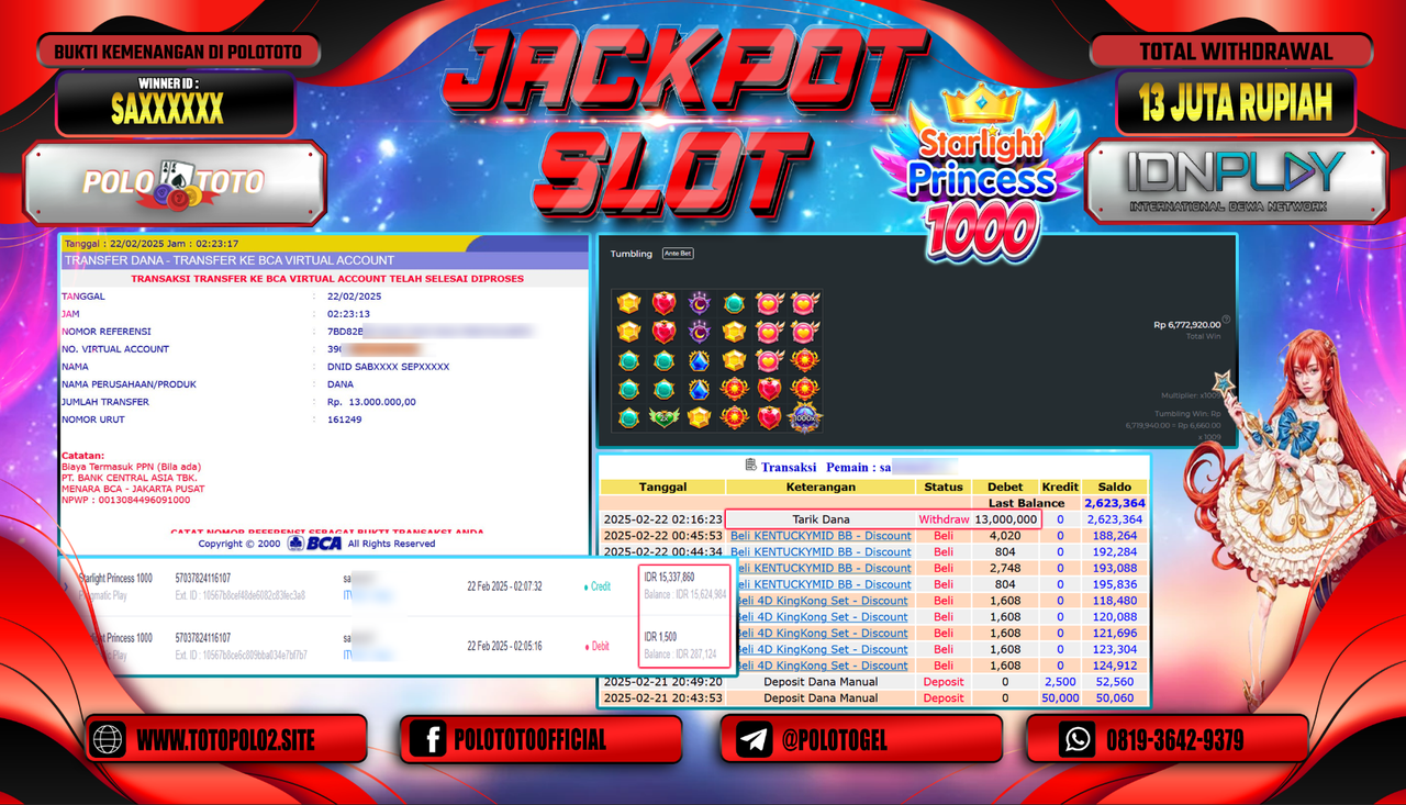 POLOTOTO JACKPOT SLOT STARLIGHT PRINCESS 1000 Rp.13.000.000,-